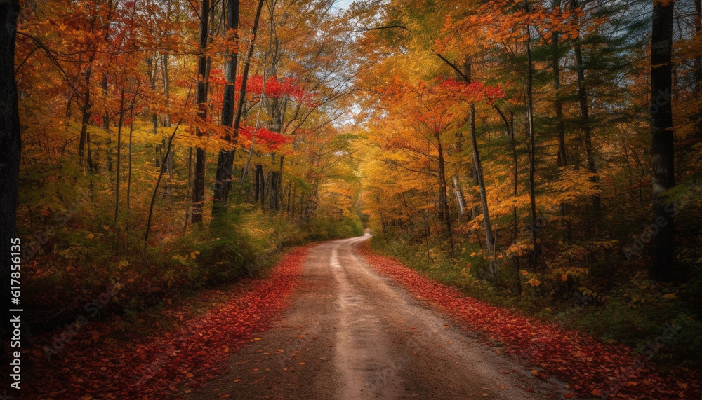 Vibrant autumn colors on tranquil rural road in forest landscape generated by AI
