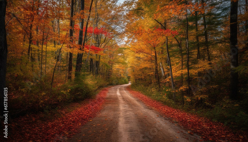 Vibrant autumn colors on tranquil rural road in forest landscape generated by AI