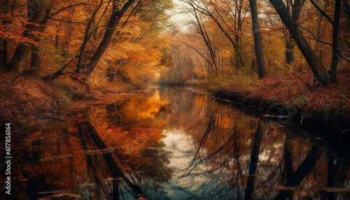 Vibrant autumn forest reflects beauty in tranquil multi colored landscape generated by AI photo