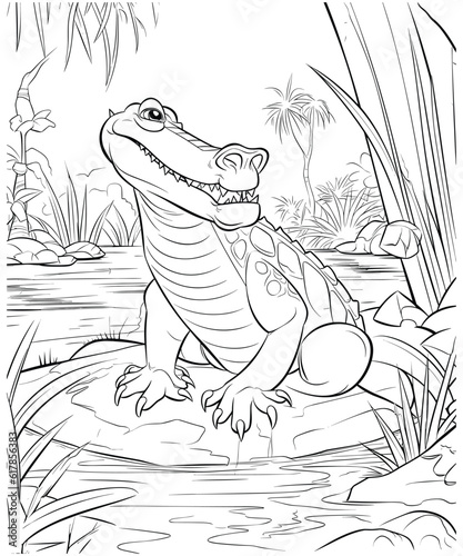 Crocodile Coloring Page for Kids, hand drawn illustration of a crocodile in the sand