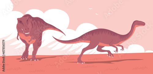 Tyrannosaurus hunting dinosaur. Predatory t rex of the Jurassic period. Carnivorous lizard. Prehistoric strong dino hunter. Wild landscape. Cartoon vector illustration