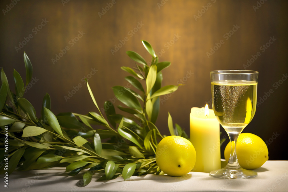 Jewish symbolism of Sukkot holiday. Oblong lemon citron, palm branch