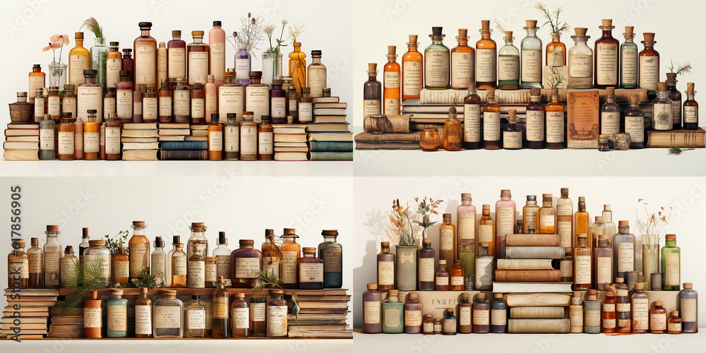 Set of vintage pharmacy bottles. Alchemical and magic preparations collection.