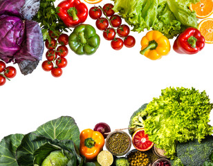 Organic colorful vegetables on isolated png background copy space flat lay presentation frame