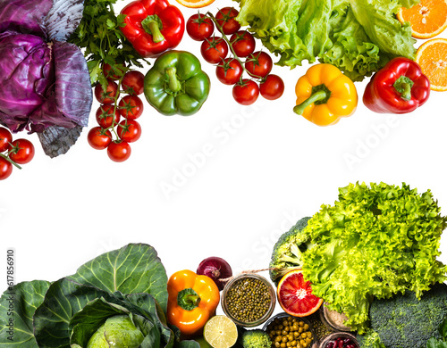 Organic colorful vegetables on isolated png background copy space flat lay presentation frame