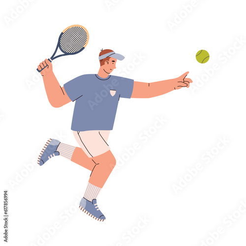 Male tennis player character with racket flat vector illustration isolated.