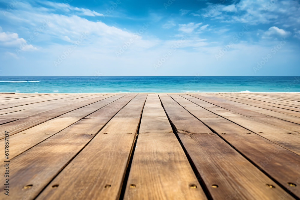 Wooden board empty table in front of blue sea & sky background. perspective wood floor over sea and sky photography