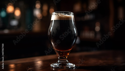 Frothy drink in beer glass on dark bar table, refreshing freshness generated by AI