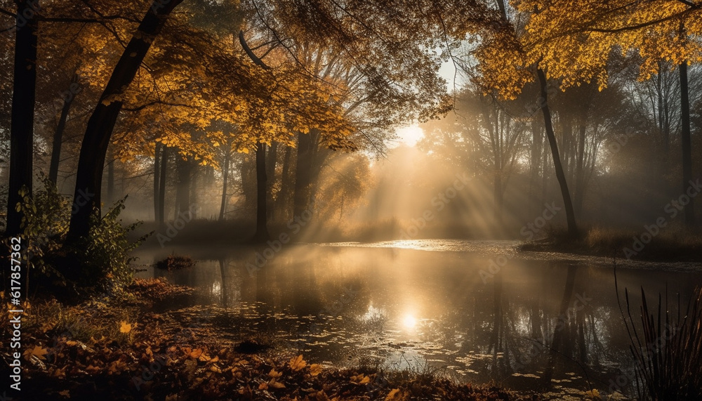 Tranquil autumn forest, vibrant colors, backlit by sunlight, beauty in nature generated by AI