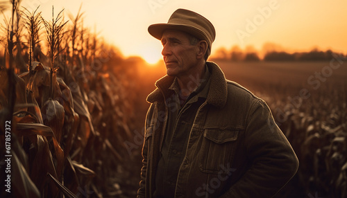 One man, farmer, standing in tranquil nature, harvesting growth generated by AI © Jemastock