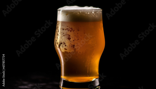 Frothy beer in pint glass, refreshing, cold, gold celebration generated by AI