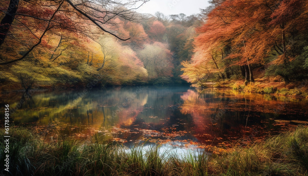 Tranquil autumn forest landscape, vibrant colors reflect in tranquil pond generated by AI