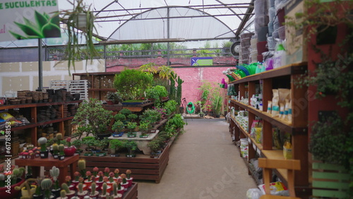 Horticulture Store interior in tracking shot motion. Flower Shop local business