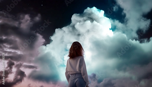 Cute young girl looks at the glowing sky with beautiful clouds in evening. Generative AI.