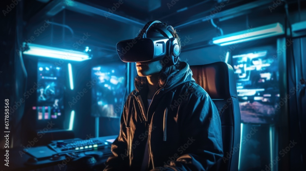 Teenager wearing a VR headset and experiencing virtual reality. Teenager wearing a VR headset and experiencing virtual reality.