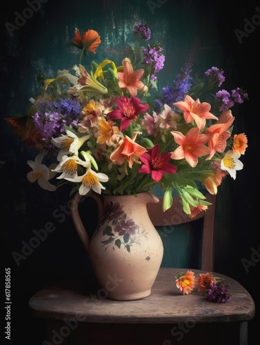 Romantic bouquet of spring flowers in an old clay vase. AI generated