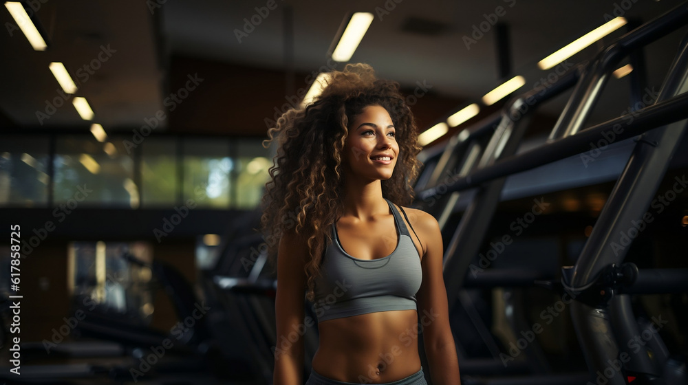 african-american woman with natural curly hair training in a modern gym