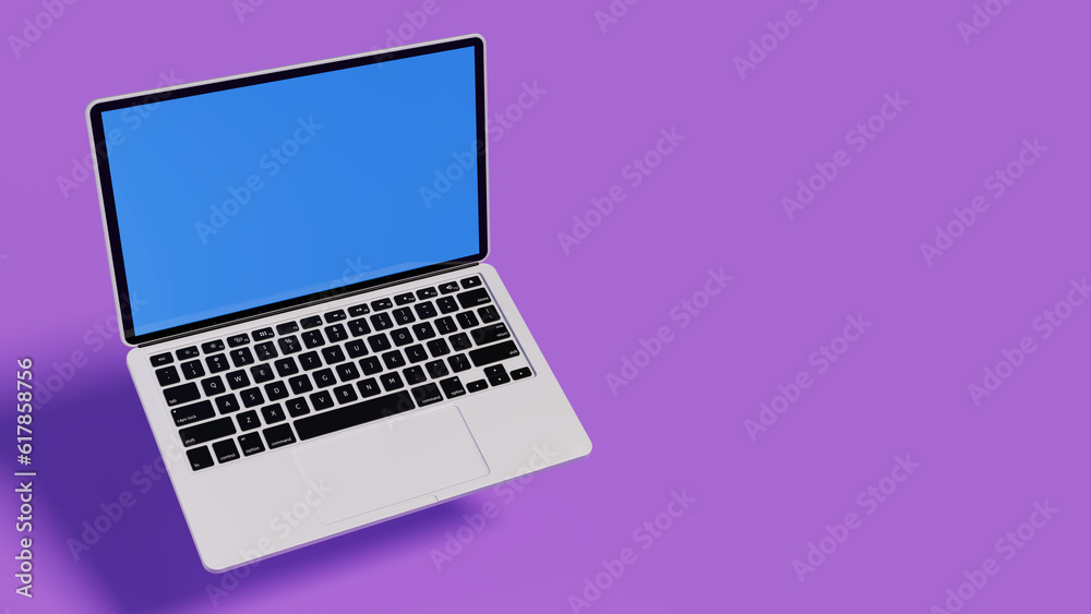 3d rendering of laptop in the air over purple stage, blue colored screen 3d rendering of laptop in the air over purple stage, blue colored screen