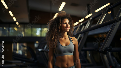 african-american woman with natural curly hair training in a modern gym