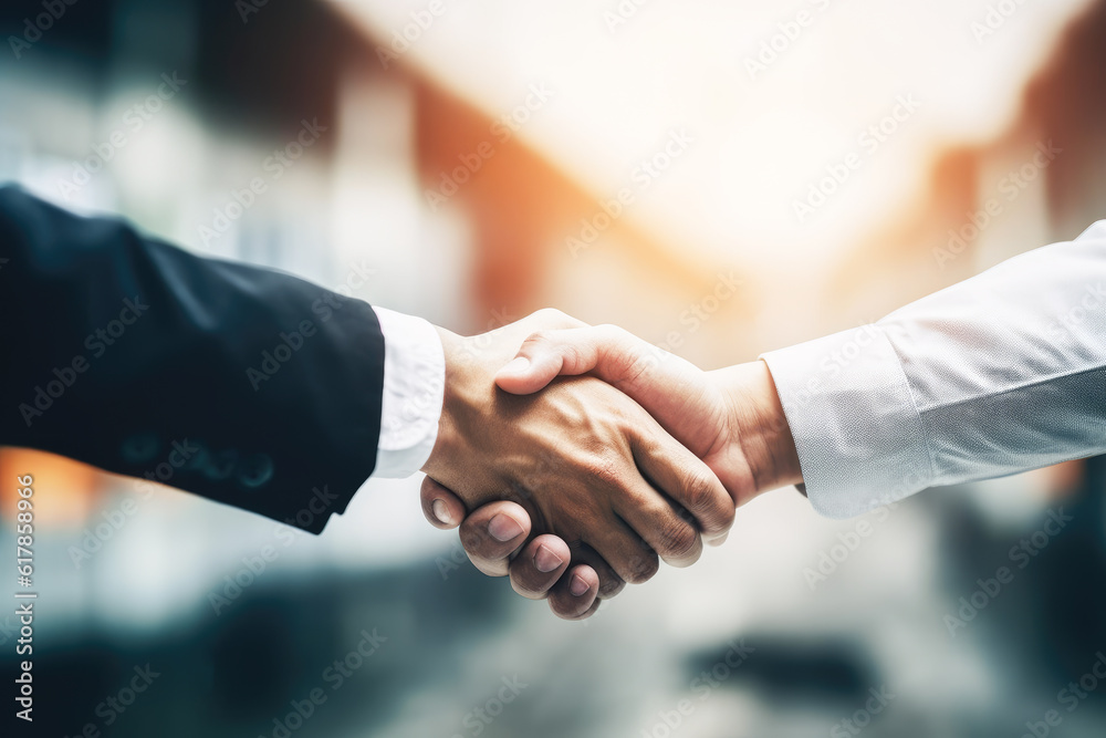 Two business people shaking hands to agree to joint business agreements. Generative AI. Two business people shaking hands to agree to joint business agreements. Generative AI.