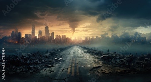 Road to the destroyed futuristic city. Concept of post-war damage.