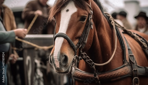 Thoroughbred stallion in bridle, focus on mane, outdoors on farm generated by AI photo