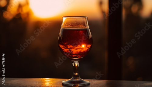 Sunset bar table wineglass, whiskey, beer, refreshment, celebration, luxury generated by AI