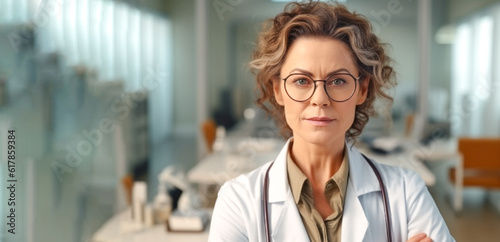 Portrait of an adult female doctor in hospital. Medical gown, glasses. Attentive serious look. generative ai