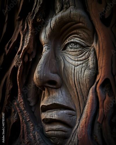 Photorealistic of the rugged face carved into the giant sequioa tree forest tree texture bark old growth tree Highly detailed asymmetrical natural lighting subtle volumetric lighting 16k 200mm lens 