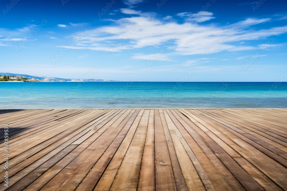 Wooden board empty table in front of blue sea & sky background. perspective wood floor over sea and sky photography