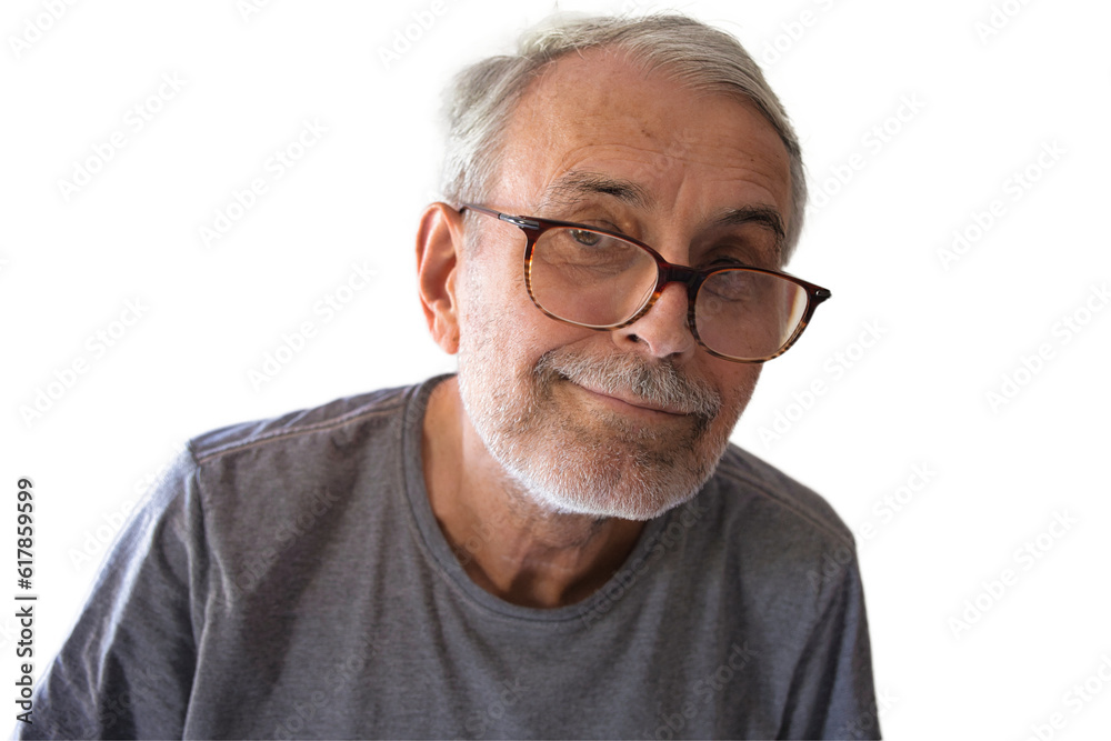 Close-up portrait of an unshaven old man in glasses, looking into the lens, isolated, on a white background. Close-up portrait of an unshaven old man in glasses, looking into the lens, isolated, on a white background.