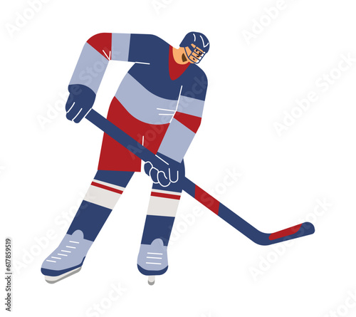 Vector isolated illustration of Olympic Winter Game, Cartoon line art hockey player with brassy on the ice in red and blue colors