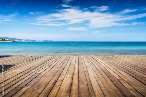 Wooden board empty table in front of blue sea & sky background. perspective wood floor over sea and sky photography © yuniazizah