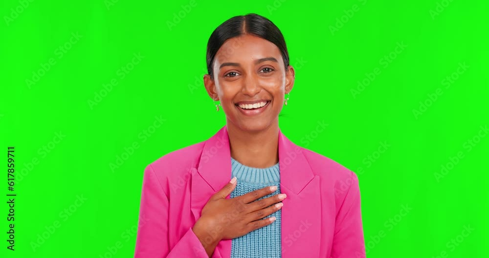 Green screen, hands and thank you by Indian woman in studio with smile and hand on chest on background. Signing, communication and portrait with gratitude, symbol or sign language for a deaf person