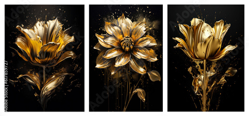 Photo Set of Golden  flowers with paint splatter on black