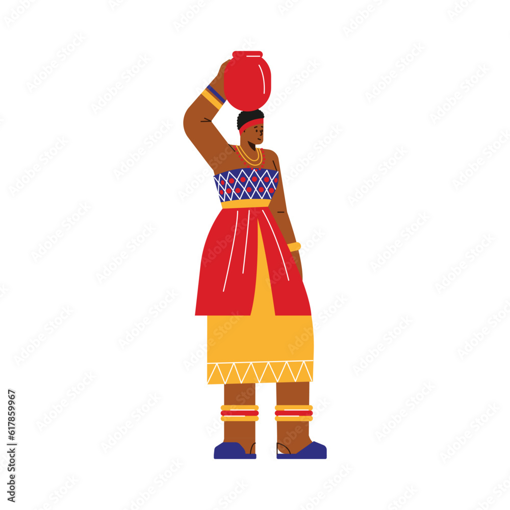 African woman in traditional clothes carrying jug on head, flat vector illustration isolated on white background.