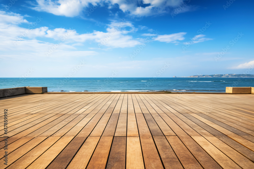 Wooden board empty table in front of blue sea & sky background. perspective wood floor over sea and sky photography