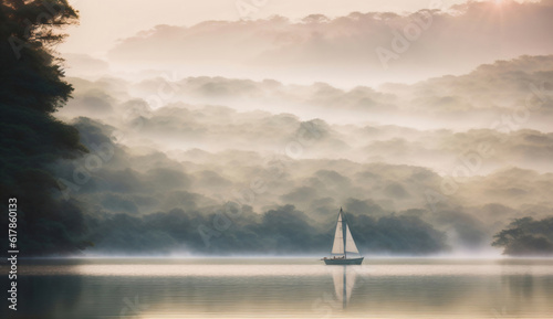 Sailboat on the lake at sunset in the haze. Generative AI