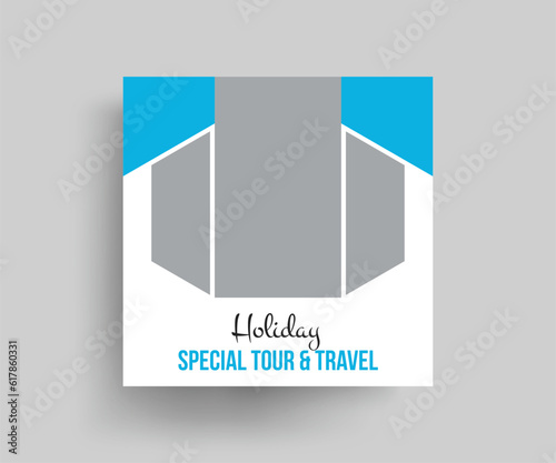 travel sale social media post template. Web banner, flyer or poster for travelling agency business offer promotion. Holiday and tour advertising banner design.
