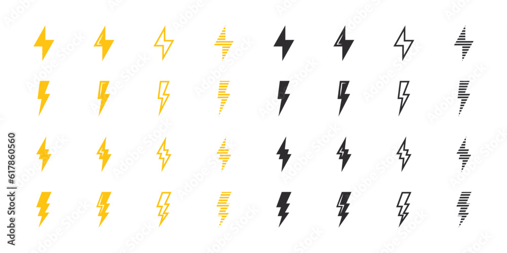 Lightning icons set. Yellow and black lightning icons. Vector scalable graphics
