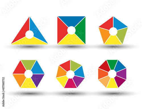 set of segmented diagrams with 3, 4, 5, 6, 7 and 8 parts of different shapes and configurations.