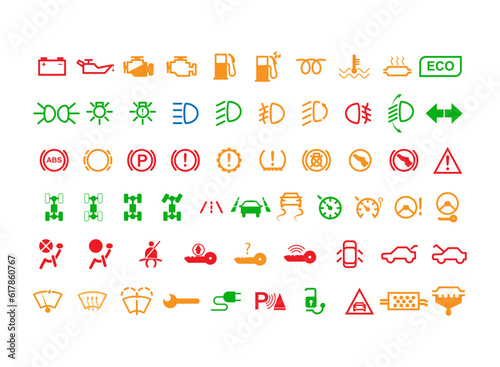 Set of 60 characters for the car dashboard, the visualization of the control systems of the car
