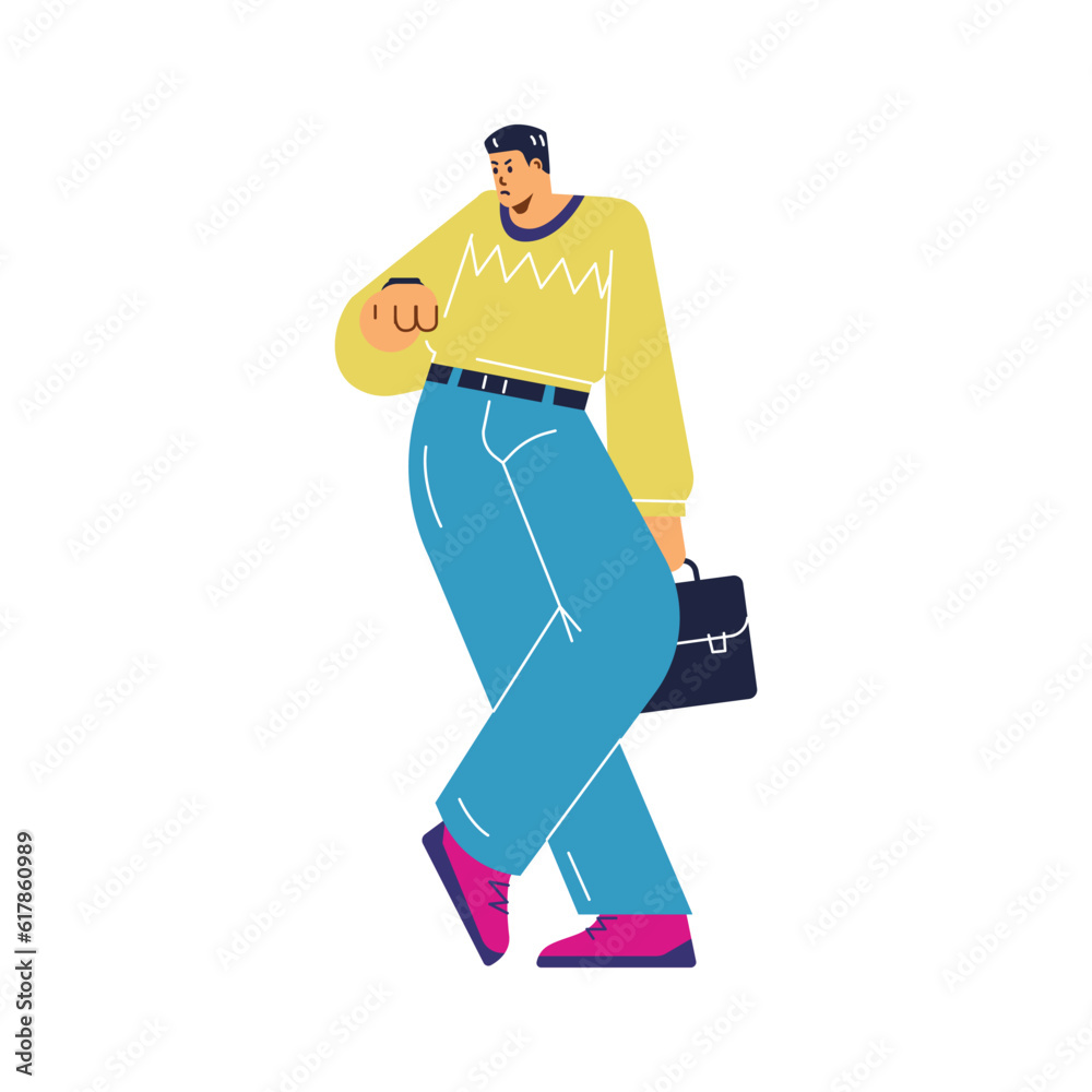 Angry man with suitcase waiting and looking at watch, flat vector illustration isolated on white background. Angry man with suitcase waiting and looking at watch, flat vector illustration isolated on white background.