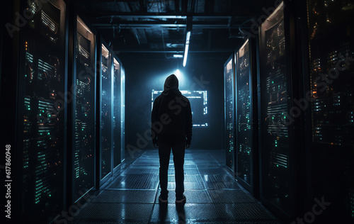 Hacker standing among illuminated servers. Generative AI.