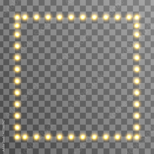 Light gold square frame. Glitter luxury decoration. Golden bulb border. Lamp banner. Retro neon wall billboard. Cinema, casino design element. Makeup mirror background. Vector illustration