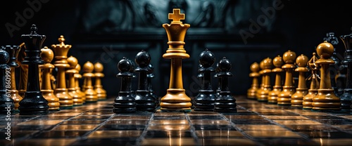 black and gold chess pieces in row over a chess board