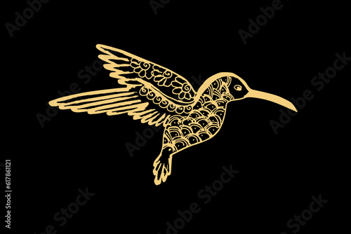 Zentangle art for Hummingbird with gold color isolated on dark black background - vector illustration
