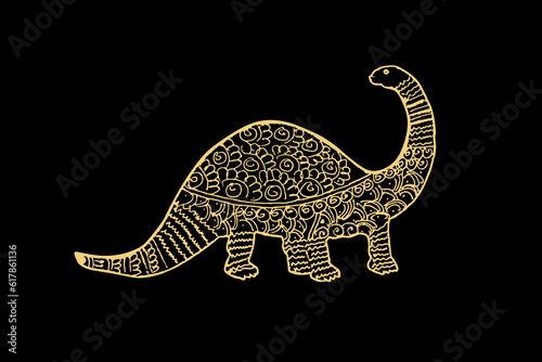 Zentangle art for Dinosaur with gold color isolated on dark black background - vector illustration
