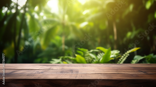 empty wooden table with tropical plants  copy space  blurred background. ai generative