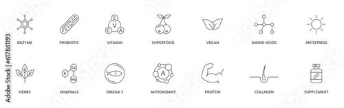 Organic, bio, vegan product label. Supplement and vitamin line icon set. Natural probiotic, protein, mineral sign for packaging. Healthy food. Detox diet badges. Nutrition sign. Vector illustration